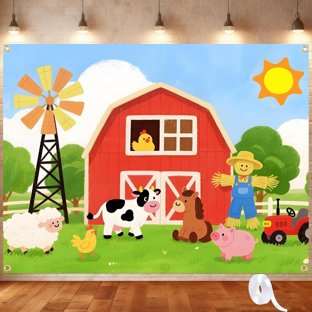 Farm Birthday Backdrop - Large 8x6ft Farm Animal Backdrop for Farm Birthday Decorations, Barnyard Photography Background with 19.69ft Ribbon, Baby Shower & Photo Booth Party Supplies