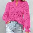 PRETTYGARDEN Women's Dressy Casual Blouse Tops Fall Spring Puff Long Sleeve Button V Neck Hollow Out Lace Embroidered Shirts (Pink)