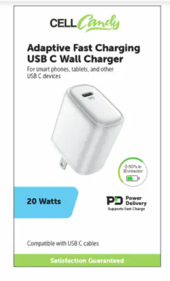 Cell Candy Adaptive Fast Charging USB C Wall Charger 20W