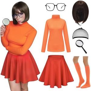 7PC Halloween Costume Set for Women, Brown Bob Wig, Red Skirt, Orange Top, Magnifying Glass, Socks, Glasses, Wig Cap L
