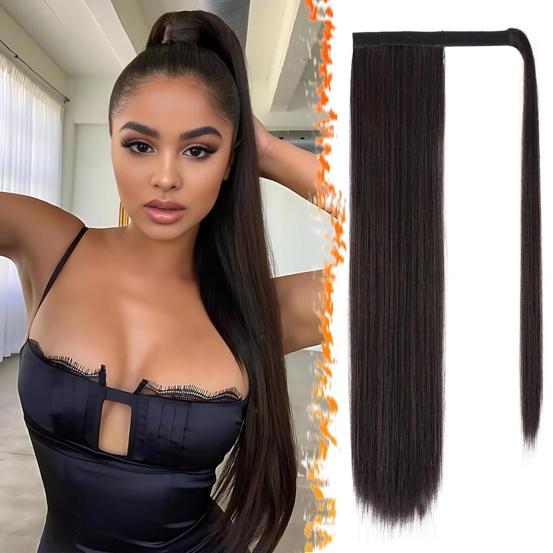 BARSDAR Dark Brown Straight Ponytail Extensions - 26 Inch Long Straight Wrap Around Ponytails for Women, Clip in Ponytail Hair Extensions Synthetic Pony Tails Hairpieces - Dark Brown Mixed