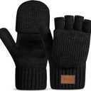Winter Thermal Fingerless Gloves Mittens, Knitted Convertible Mittens Flap, Warm Gloves for Women and Men (Black)