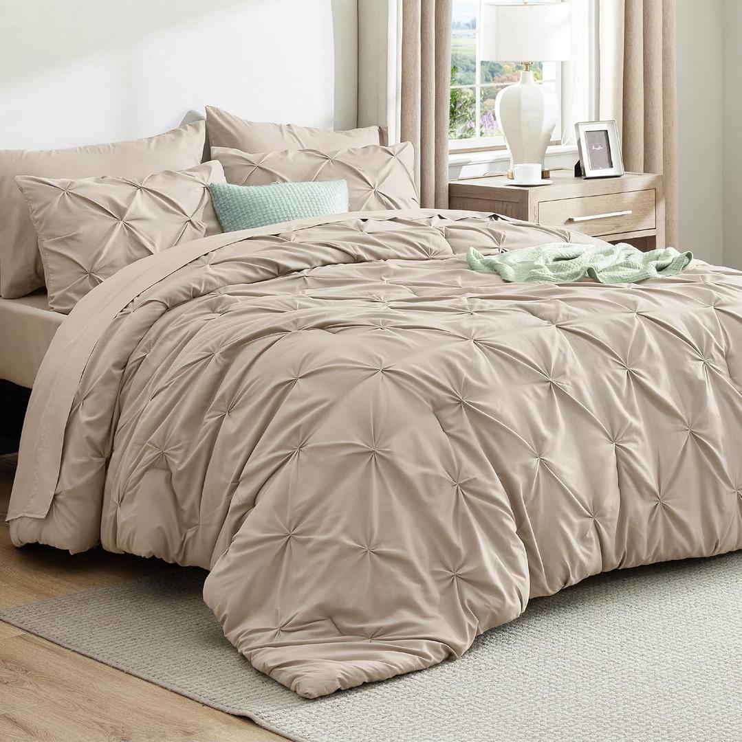 Bedsure Oversized King Comforter Set Beige - Bed in a Bag Bedding Set 7 Pieces, GentleSoft Pintuck Bed Set Gift for Family, Pinch Pleat Beige Comforter with Sheets, Pillowcases & Shams (Beige)