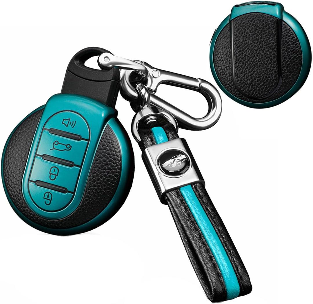 SANRILY Leather Texture Key Fob Cover for Mini Cooper Clubman Countryman Convertible Hardtop F54 F55 F56 F57 F60 Key Accessories Keyless Full Protection Smart Key Case Shell with Keychains Green