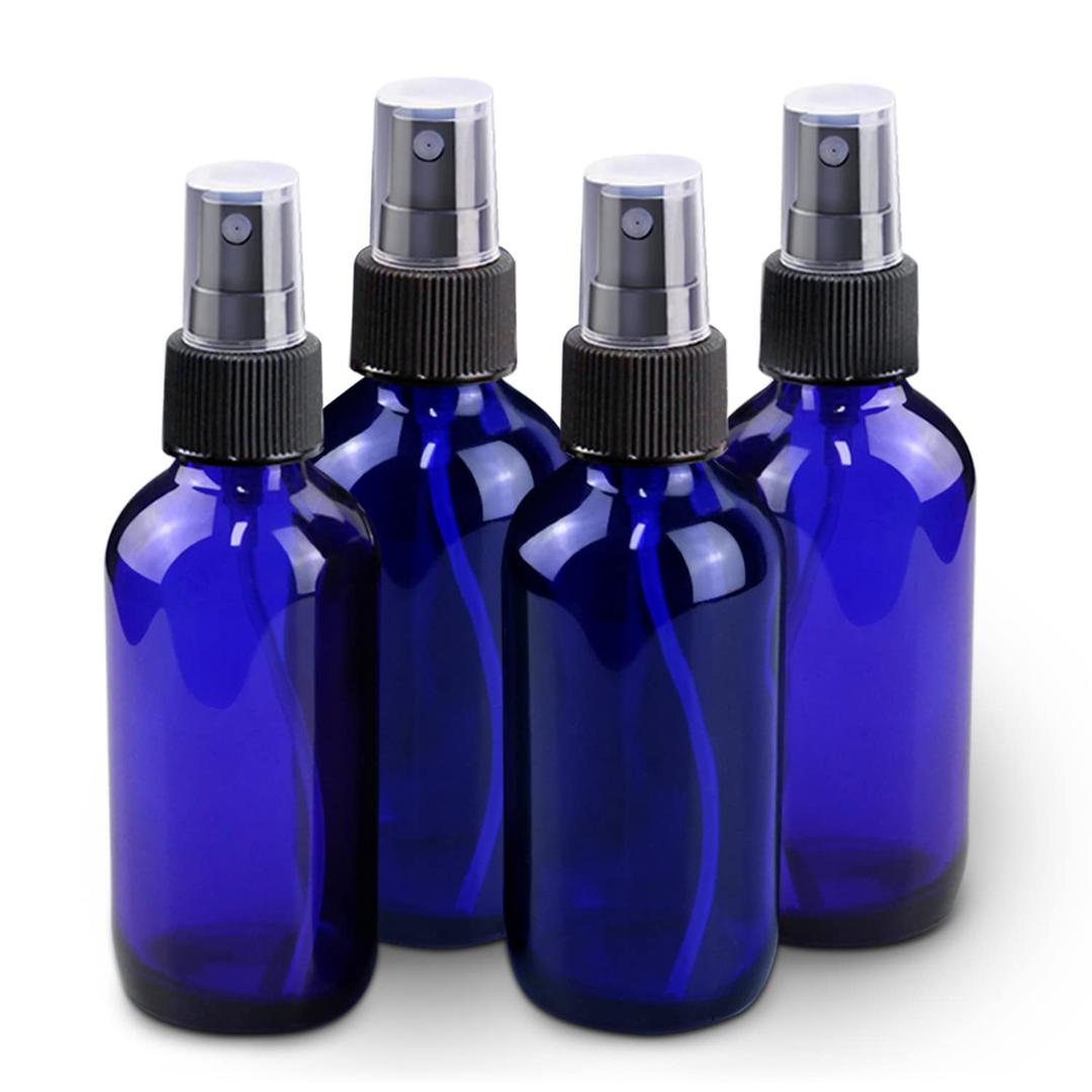Wedama 4 oz Mini Glass Spray Bottles, Empty Small Spray Bottles with Funnel Dropper, Fine Mist for Hair, Travel, Plants, Cleaning Solutions and Skin Care (4 Pack Blue)