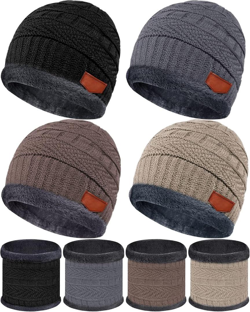 Syhood 4 Sets Kids Winter Hat and Scarf Set Warm Fleece Lining Beanie Hats Knitted Cap Scarf for 5-14 Years Boys Girls (Black, Gray, Brown, Khaki)