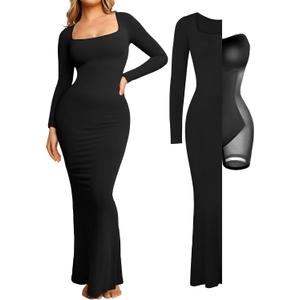 Popilush Women's Long Sleeve Maxi Dress Built-in Shapewear Bra Square Neck Fall Formal Wedding Guest Cocktail Bodycon Dresses (4X-Large, Black)