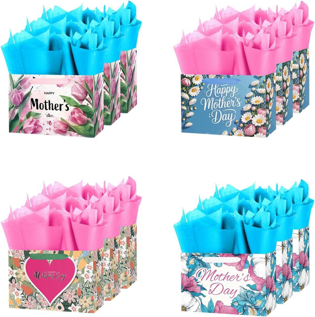 ysmile 12 Pack Mothers Day Gift Bag with Tissue Paper in Bulk Flower Design for Mom Grandmother Party Favor Treat 9"