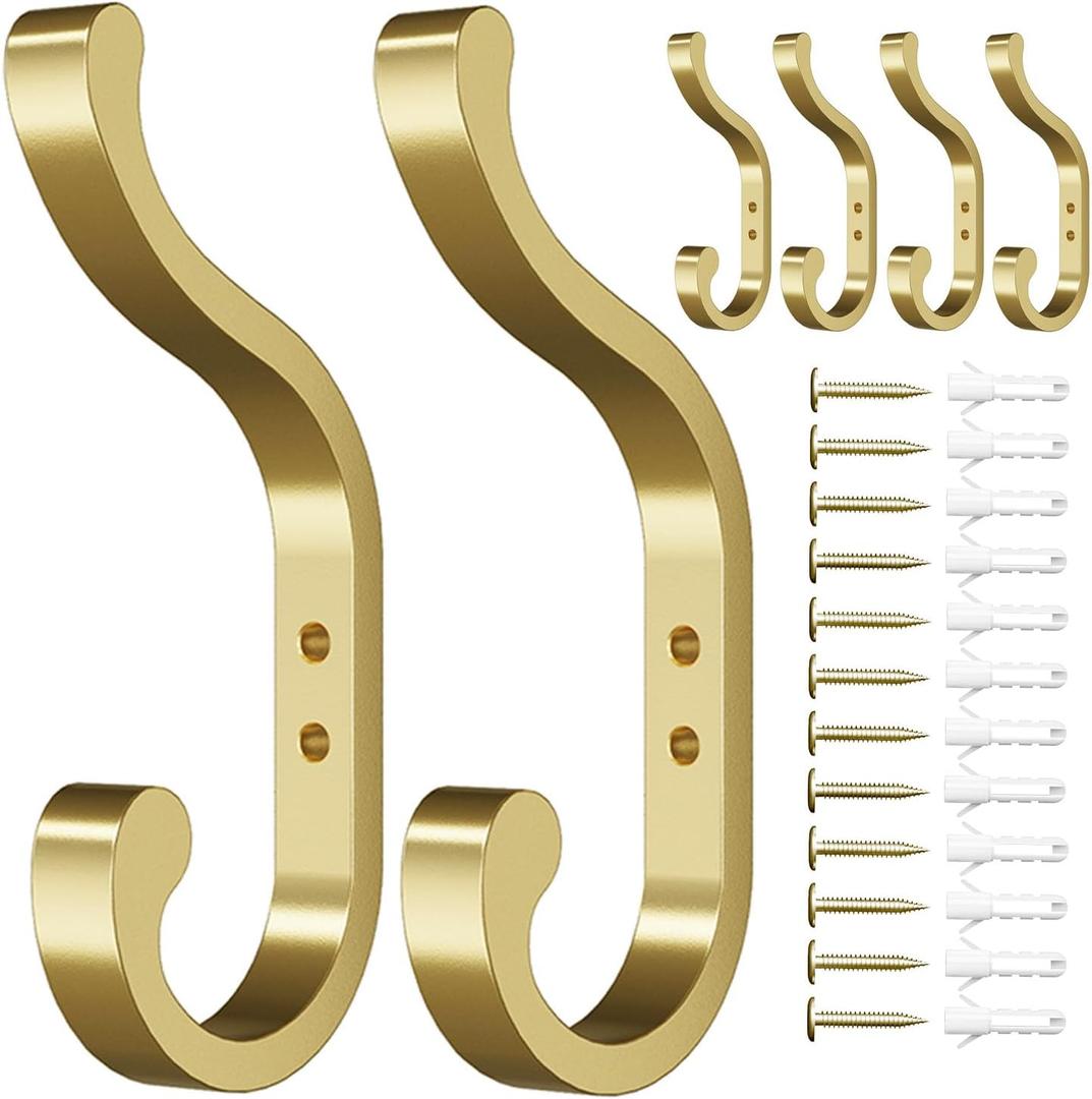 Gold Wall Hooks for Hanging Coats: Metal Mount - Large Heavy Duty (30 Lb) - Screw In - Mudroom for Clothes, Backpack, Purse, Bathroom Towel, 6 Pack