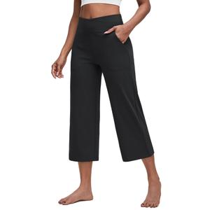 G4Free Wide Leg Capri Yoga Pants Women Crop Pants with Pockets Cross Waist Stretch Dress Capris for Casual Workout(Black,XL,18")
