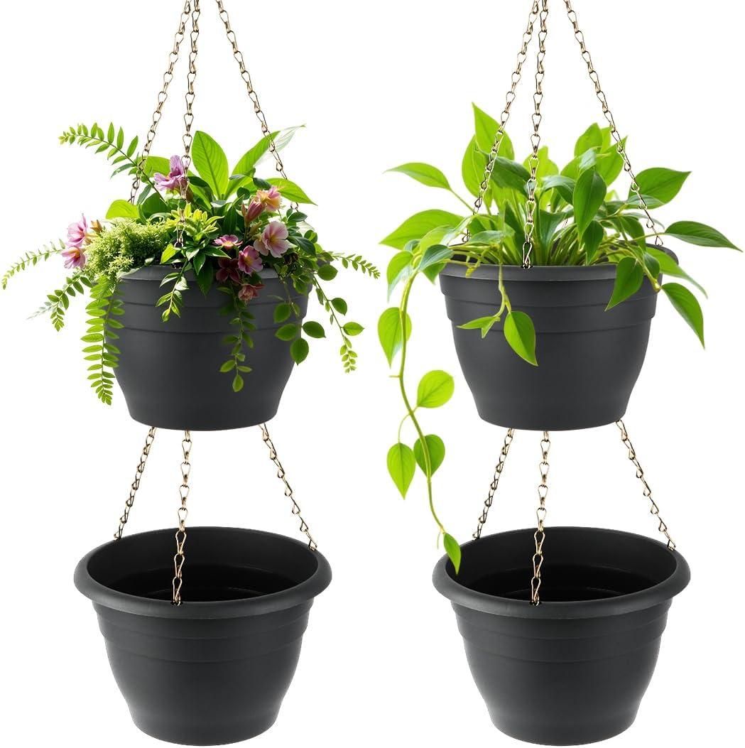RooTrimmer Hanging Planters 10 Inch, 4 Pcs Flower Pots with Drainage Hole, Self Watering Hanging Basket for Indoor Outdoor Plants, Decor, Gray