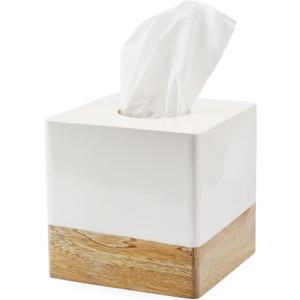 AuldHome Design Square Tissue Box Cover (Enamel/Mango Wood); Minimalist Scandinavian Decor White Cube Tissue Holder