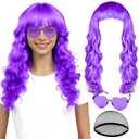 PLULON Light Purple Neon Wave Wig with Heart Sunglasses for Women, Colorful Funny Long Wavy Wigs with Bangs Synthetic Curly Hair for Birthday Music Festival Drag Queen Bachelorette Party Supplies