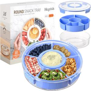 Divided Serving Tray with Lid and Handle,Large Snack Spinner,Snackle Box Container, Multi-Purpose Food Platter for Charcuterie Veggie Fruit, Taco Tuesday Movie Night Travel Beach Picnic Essentials (Blue)