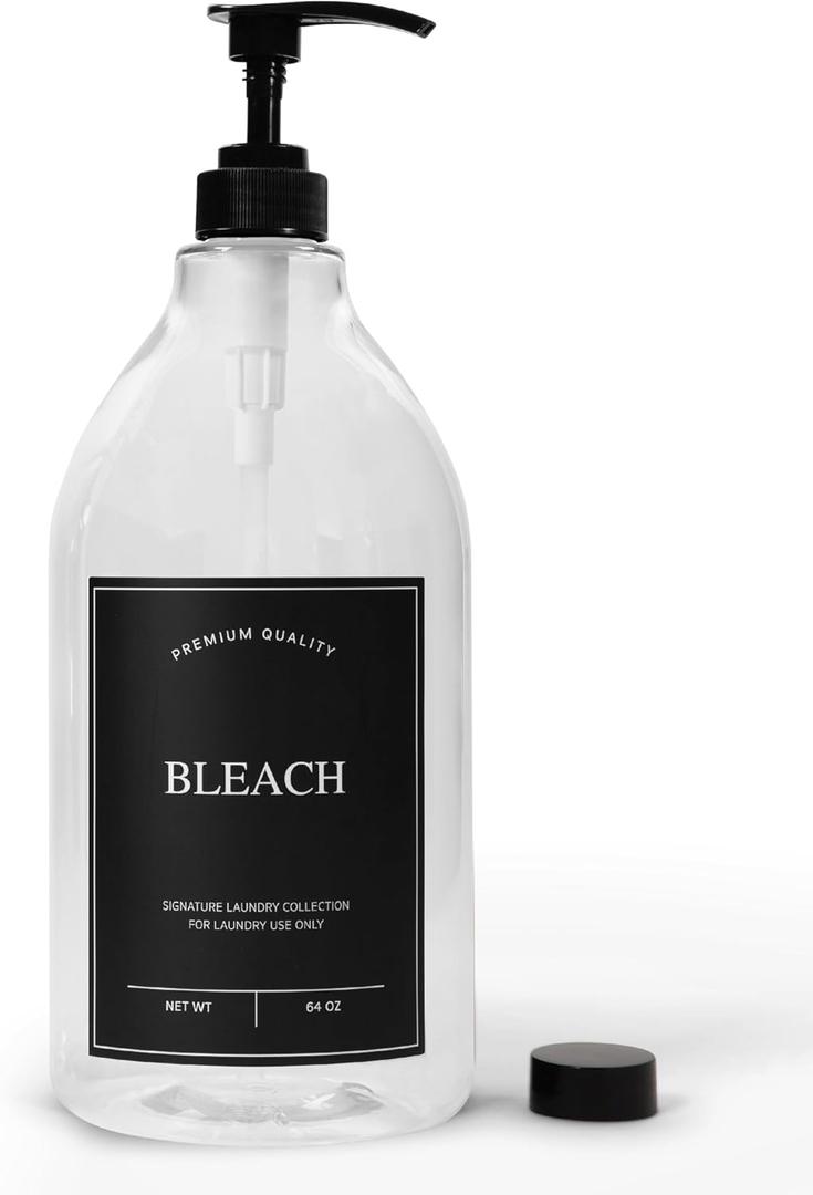 Calindiana Modern Farmhouse Bleach Liquid Laundry Detergent Dispenser for Laundry Room Decor and Organization, PET Plastic Landry Soap Containers with Water Resistant Label, Clear 64oz