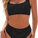 Blooming Jelly Womens High Waisted Bikini Set Tie Strap Jacquard Terry Cloth 2 Piece Swimsuit Modest Cute Retro Bathing Suit, S