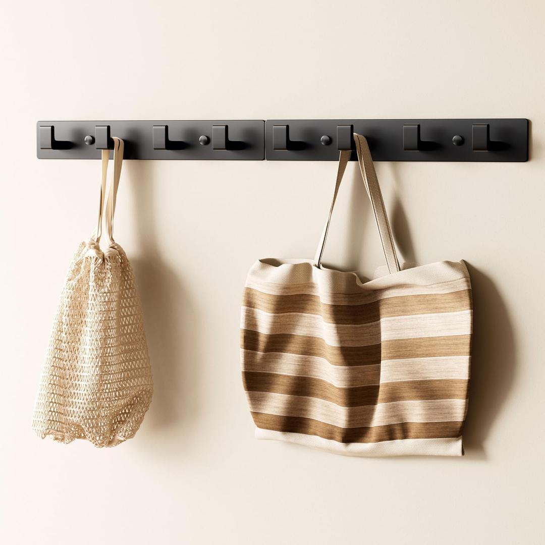 GWAAZXGZ Black Wall Mounted Coat Rack- 2 Modular Rails (25'' Total), 8 Right-Angle Hooks, Modern Organizer for Entryway, Bathroom, Bedroom, Holds Coats, Towels, Hats