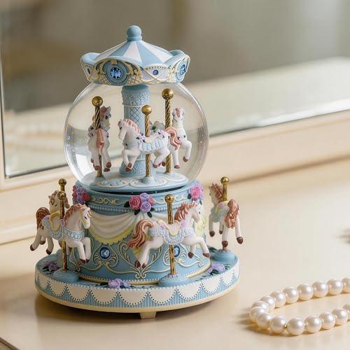Music Box Carousel Snow Globe, Anniversary Christmas Birthday Gifts for Girls Mom Friend Daughter, Unicorn Music Boxes Carousel Horse with Lights Play You are My Sunshine