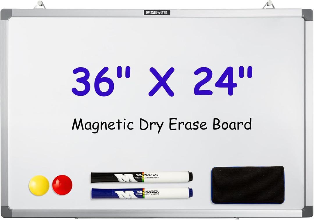 M&G Dry Erase Board Magnetic White Board for Wall, 36 x 24 Whiteboard with 2 Markers & 2 Magnets & 1 Eraser, Hanging Whiteboard with Silver Frame for Planning, Drawing, to Do List, Office School Use (36" X 24")