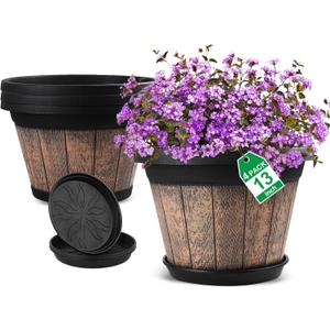 Quarut Large Plastic Plant Pots Set of 4 Pack13 inch,Whiskey Barrel Planters with Drainage Holes & Saucer.Flower Pots Imitation Wine Barrel Design for Indoor & Outdoor Garden Balcony Plants (Brown)