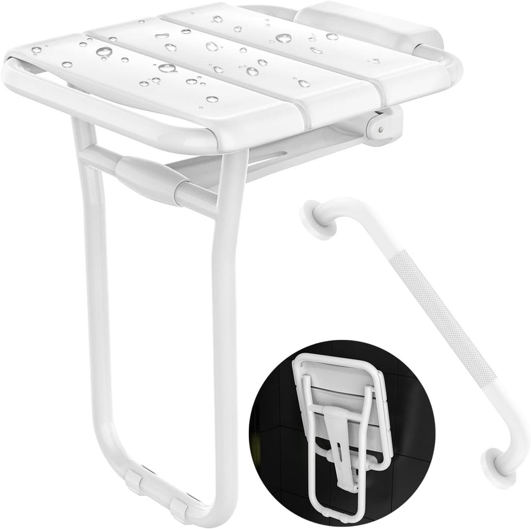 Folding Shower Seat Wall Mounted - 500 Lbs Capacity - 14x16'' Stainless Steel Shower Bench w/ 16'' Grab Bar for Inside Shower Bathtub, Heavy Duty Anti-Slip Fold Down Shower Chair for Elderly/Disabled