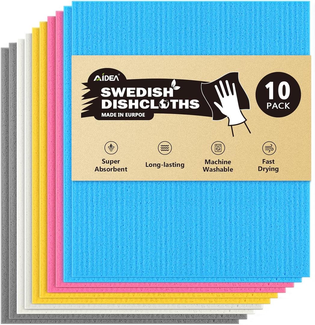 AIDEA Swedish Dishcloths for Kitchen-10PK, Absorbent Sponge Dish Cloth, Dishcloths for Washing Dishes, Reusable Paper Towels Dish Cloths, Swedish Towels for Home, Kitchen, Glass, 7" x 6" (Blue Pink Yellow Grey White)