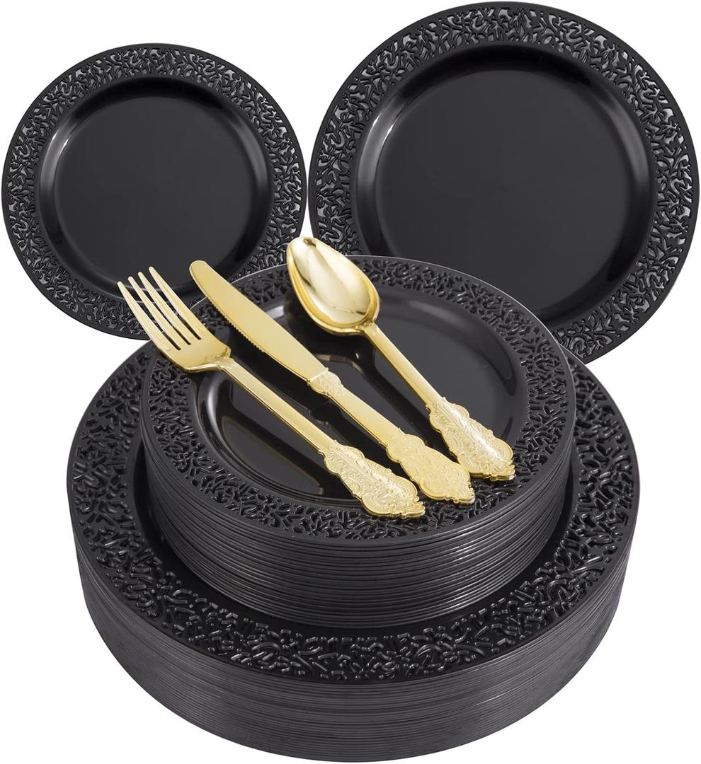 U-QE 150PCS Black Plastic Plates with Gold Plastic Silverware, Black Plates Disposable for Party Include 30 Dinner Plates 10.25", 30 Salad Plates7.5", 30 Forks, 30 Knives, 30 Spoons