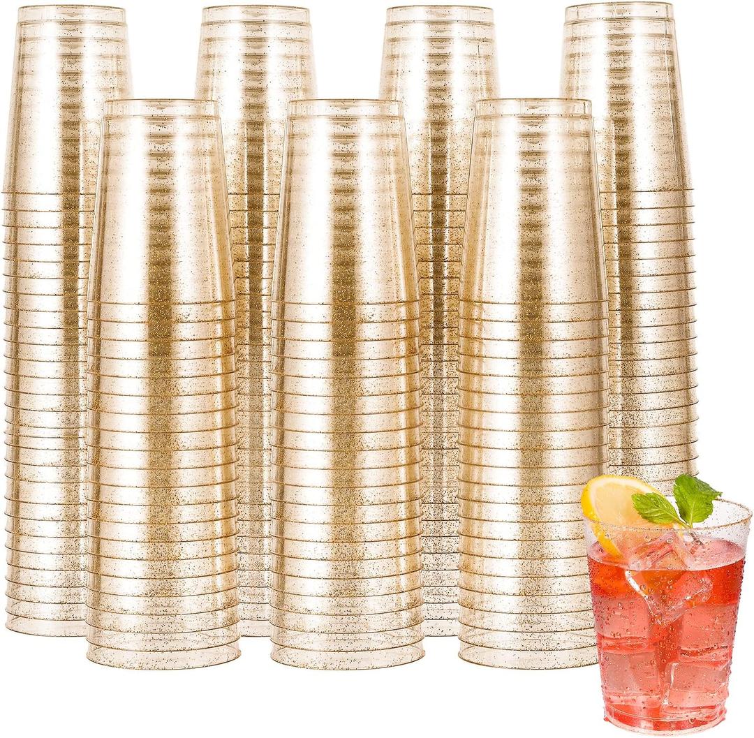 JOLLY CHEF 200 Pack 10 oz Gold Plastic Cups, Disposable Gold Glitter Plastic Cups, Clear Tumblers for Weddings Thanksgiving, Christmas Parties