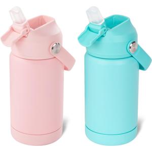 Kerilyn 12oz Kids Water Bottle 2 Pack, Stainless Steel Insulated Water Bottle Bulk, Toddler Cups with Straws Leak-Proof, Kids Water Bottles for School Boys Girls, BPA Free, Pink+Green 2 Piece Set