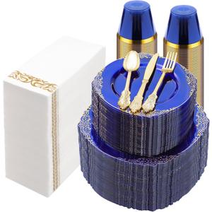 Bestluck 700PCS Clear Blue Plastic Plates for 100 Guests, Disposable Plates with Gold Trim include 100 Dinner plates, 100 Dessert Plates, 100 Gold Silverware, Cups and Napkins for Party, Graduation