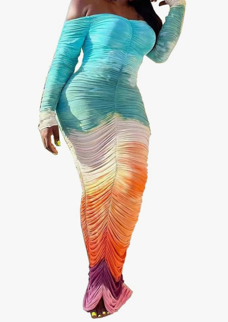 Famnbro Women's Sexy Off The Shoulder Long Sleeve Ruched Bodycon Maxi Dress Gradient Dresses, S