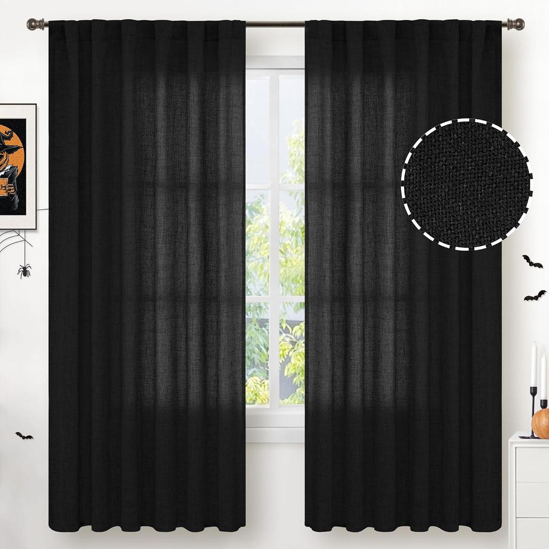 YoungsTex Black Linen Curtains 72 inch Length for Living Room, Light Filtering Semi Sheer Window Drapes with Rod Pocket Back Tab Gothic Decorative for Bedroom Dining Room, 52 X 72 Inch, 2 Panels