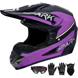 Youth Motocross Helmet Kids Dirt Bike Helmets ATV Bump Safty Helmet Full Face Motorcycle Helmet Off-Road Mountain Bike Helmet with Goggles Gloves Mask DOT Approved (Black Purple, L)