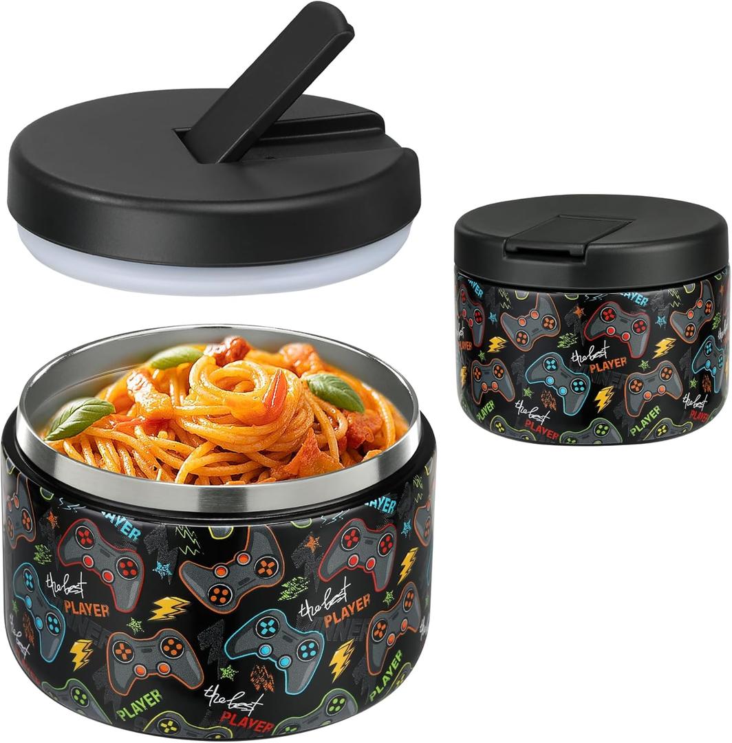 Pawtong 12oz Insulated Vacuum Food Jar with Buckle Lid Wide Mouth Soup Thermo for Hot Food Kids Leakproof Stainless Steel Lunch Container (Black-Game)