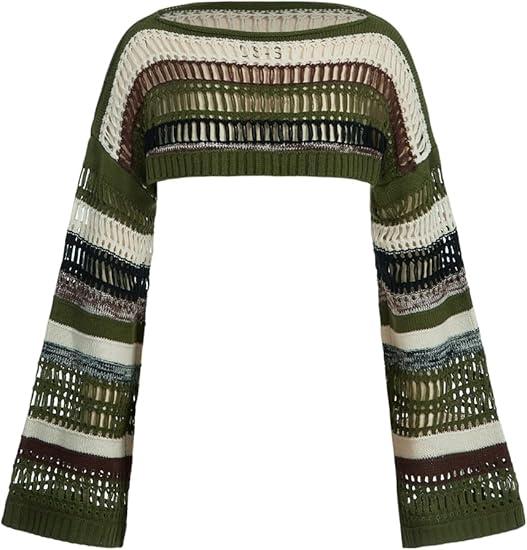 SHENHE Women's Crochet Shrugs Striped Long Bell Sleeve Baggy Knit Sweater Crop Top Fairy Grunge, Green White Multi, M