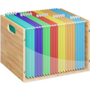 Clear Acrylic File Box Organizer, Bamboo Hanging Folder Storage Boxes, Filing Crate Bin Holder with Handle for Home Office Desk, Letter Size