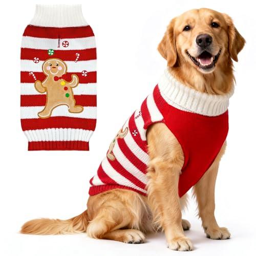 ABRRLO Dog Christmas Sweater Striped Gingerbread Man Xmas Dog Cat Outfit New Year Holiday Costumes Puppy Cat Sweater with Leash Hole for Small Medium Large Dogs Girl Boy Turtleneck Winter Pet Clothes, XL