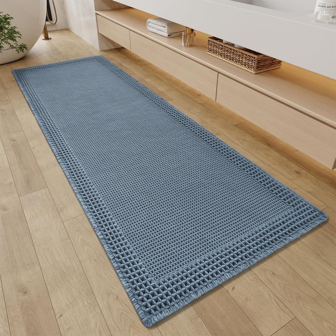 RESARE Waffle Bathroom Runner Rugs, Super Absorbent Bath Mat Non Slip Washable Quick Dry, Upgraded Ultra Soft Boho Bath Rugs with Tassels for Hallway Bedroom Laundry Room, 2'x6'(24"x72"), Blue