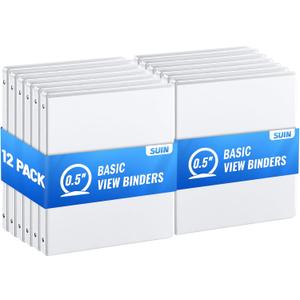 Basic 3 Ring Binder -1 or 1/2'' Binders with Roung Ring Binder, Large 100/200 Sheet Capacity, Fit 8.5" x 11" US Letter Size Paper, 12 Pack White (0.5'' White - 12 Packs)
