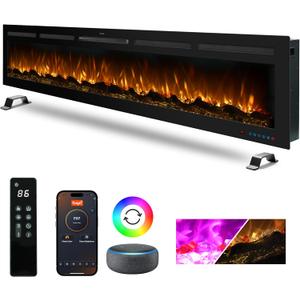 88" Infrared Smart Electric Fireplace Alexa/Google Compatible, Remote& App Control Multicolor Flame w/Dimmer, Wall-Mounted& Recessed WiFi Enabled Fireplace Heater w/Crackling Sound& Thermostat, 1500W
