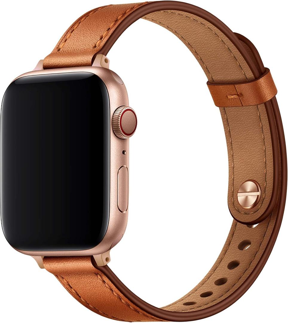 OUHENG Slim Bands Compatible with Apple Watch Band 42mm 41mm 40mm 38mm, Women Genuine Leather Replacement Thin Strap for iWatch SE2 SE Series 10 9 8 7 6 5 4 3 2 1 (Brown/Rose Gold)
