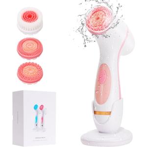 Facial Cleansing Brush, Waterproof Dual-Rotation Face Scrubber Exfoliator with 3 Brush Heads and 2 Adjustable Speeds, Rechargeable Exfoliating Face Brushes for Cleansing and Skin Care (Pink)