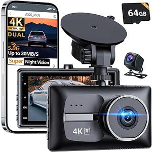 4K Car Cameras Dash Cam Front and Rear, 4K+1080P Dual Dash Camera for Cars with 64GB Card, 170°Wide Angle Mini Car Camera, 3” IPS Screen, WDR Night Vision, G-Sensor, Parking Mode