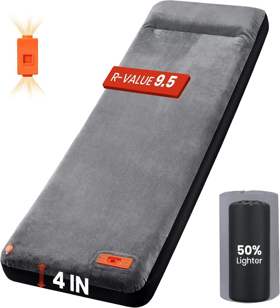 Self Inflating Sleeping Pad with Electric Pump, 4" Ultra-Thick Foam Sleeping Mats for Camping with Built-in Pillow, 9.5 R-Value 4 Season Camping Mattress Pad for Cot Truck Car Home