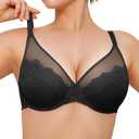 Popilush Minimizer Bras for Women Plus Size Full Coverage Lace Underwire Support Push Up Bra for Heavy Breast Everyday Wear (42D, Black)
