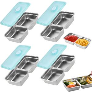 Grab and Go Snack Containers, Stainless Steel Double Compartment Snack Containers with Lids, Reusable Condiment Container-Dishwasher Safe,Travel & Outdoor Camping Food Storage (4pcs)
