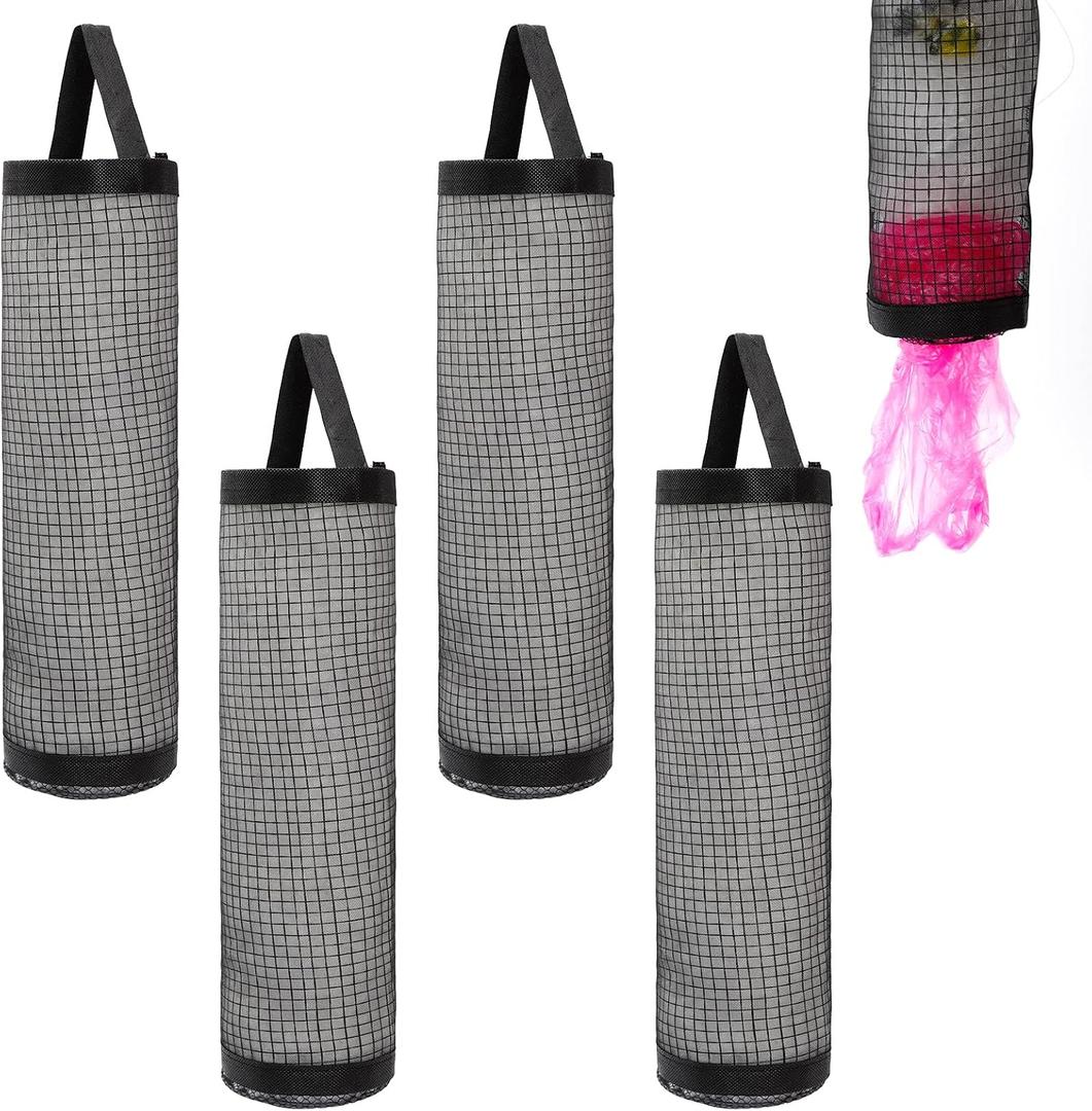 4Pcs Plastic Bag Holder, Grocery Bags Plastic Mesh Hanging Storage Bag with Elastic Bottom for Grocery, Trash, and Shopping Bags - Black