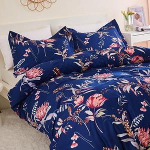 JSD Navy Blue Floral Duvet Cover Set King Size, 3 Piece Soft Printed Microfiber Comforter Cover Zipper Closure