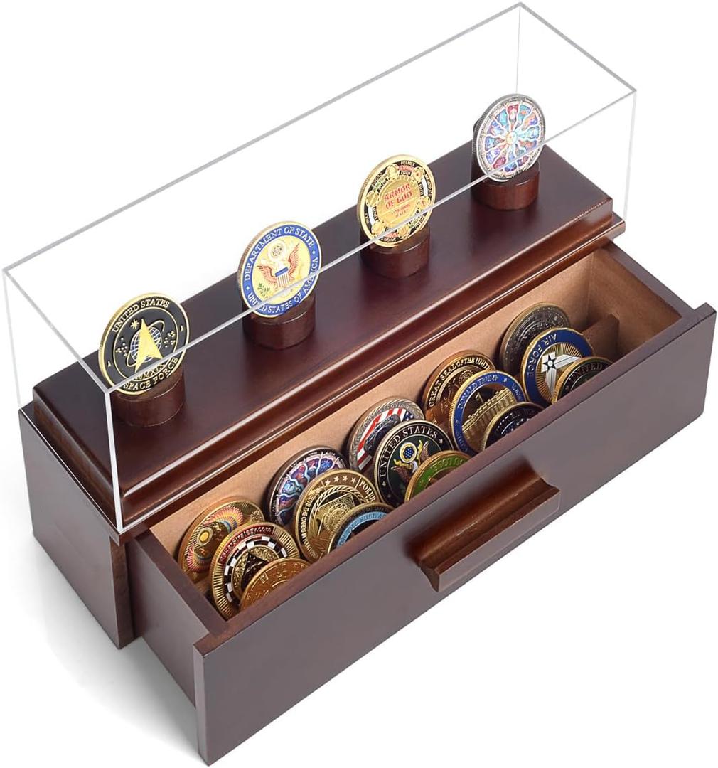 Challenge Coin Display Case, Military Coin Collection Holder with Wooden Coin Box, Drawers, and Clear Acrylic Lid Gifts for Coins Collectors (4 Pillars)