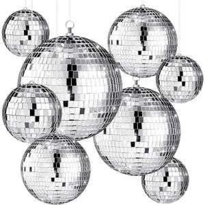 Haull 8 Pcs Large Disco Ball Set Silver Mirror Disco Reflective Ball with Hanging Ring Party Ornament Decoration for Stage Club Ballroom Dance Hall Wedding Prom Props(12'', 8'', 6'', 4'')